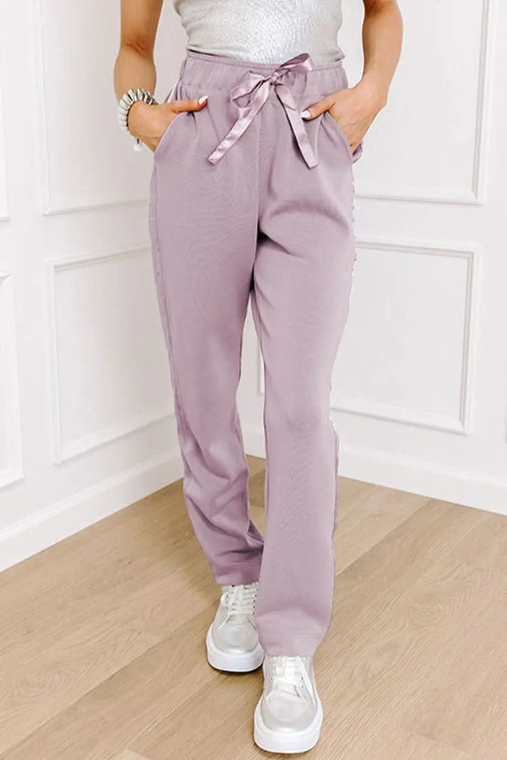Orchid Petal Drawstring Waist Satin Stripe Patch Straight Leg High Waist Pants - Love Salve